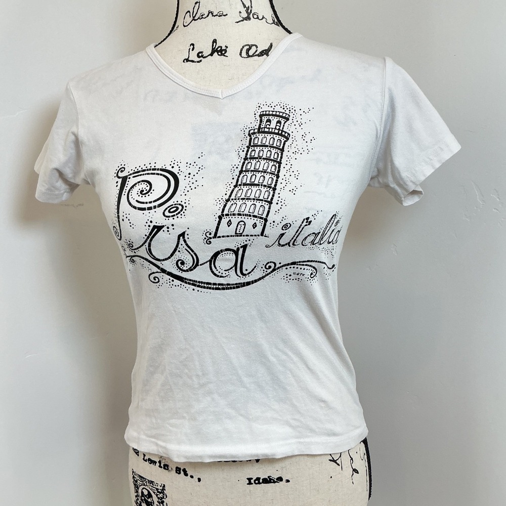 Lemon Collection‎ Pisa Italy Graphic T Shirt Women's Size M White V Neck